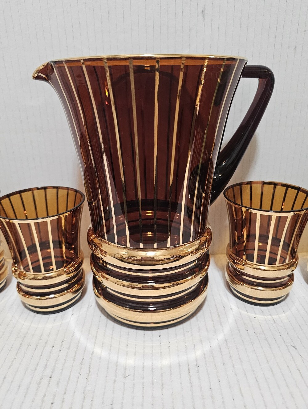 Vintage Art Deco Brown Amber Glass 7pc Barware Set Bohemiam Gold Gilt MCM 50's